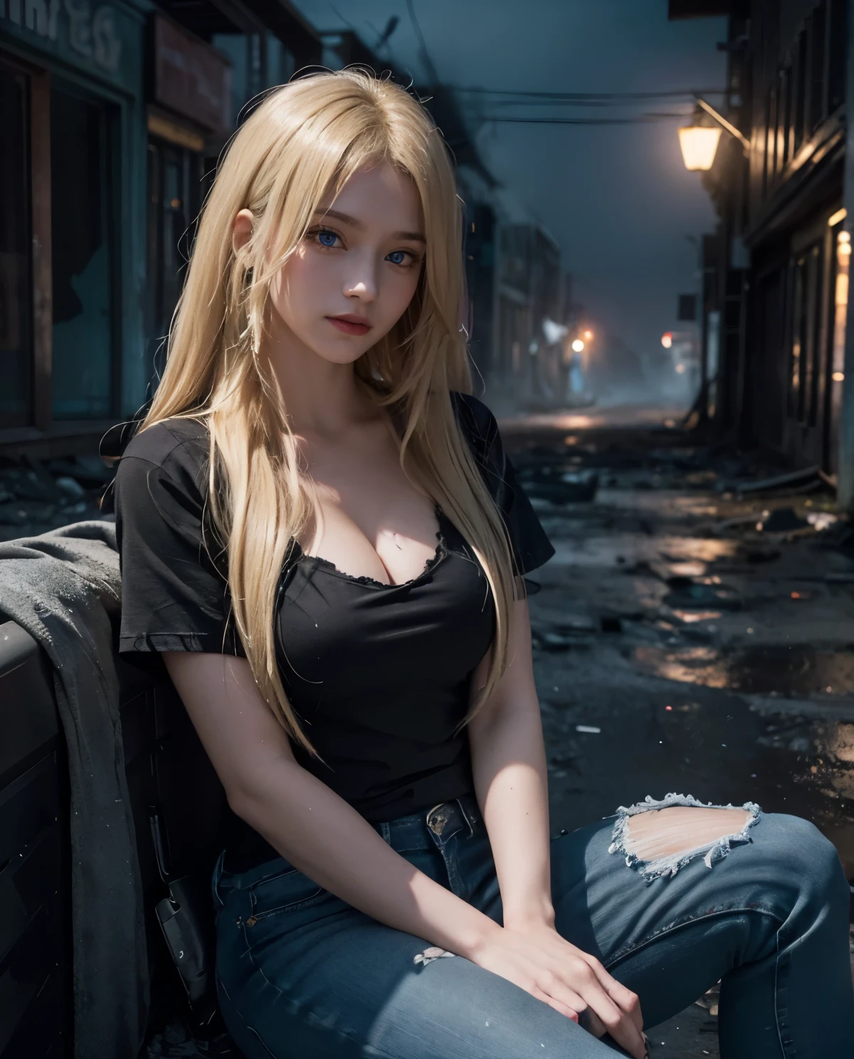 1girl, Blue eyes, (smile), (in an abandoned town at night :1.4), (close-up at face :1.2), gothic horror vibes, (Sana Minatozaki), wide hips, Big , big ass, (Best Quality, 8k, Masterpiece: 1.3), perfect hands, Clear Focus: 1.2, Perfect Body Beauty: 1.4, Highly detailed face and skin texture, detailed eyes, double eyelids, (blonde long hair :1.2), (black cleavage t-shirt), (jeans), sitting in the street, Dense weather, ((dark theme :1.3)), (in the dark), (fog), dark background