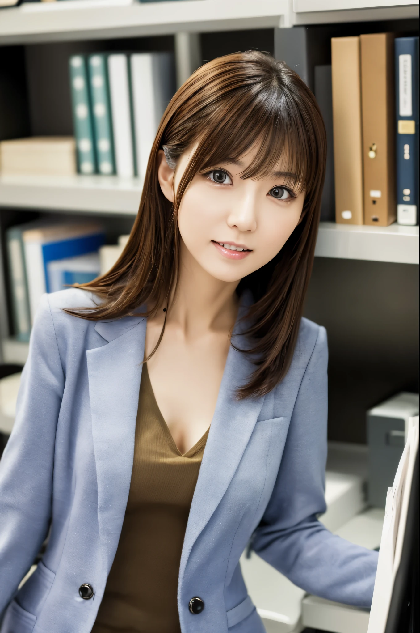 masterpiece, disorganized, small details, HDR, highly detailed face and eyes, Photoreal, full body photo of a skinny Japanese woman, blurred background, Head office photo