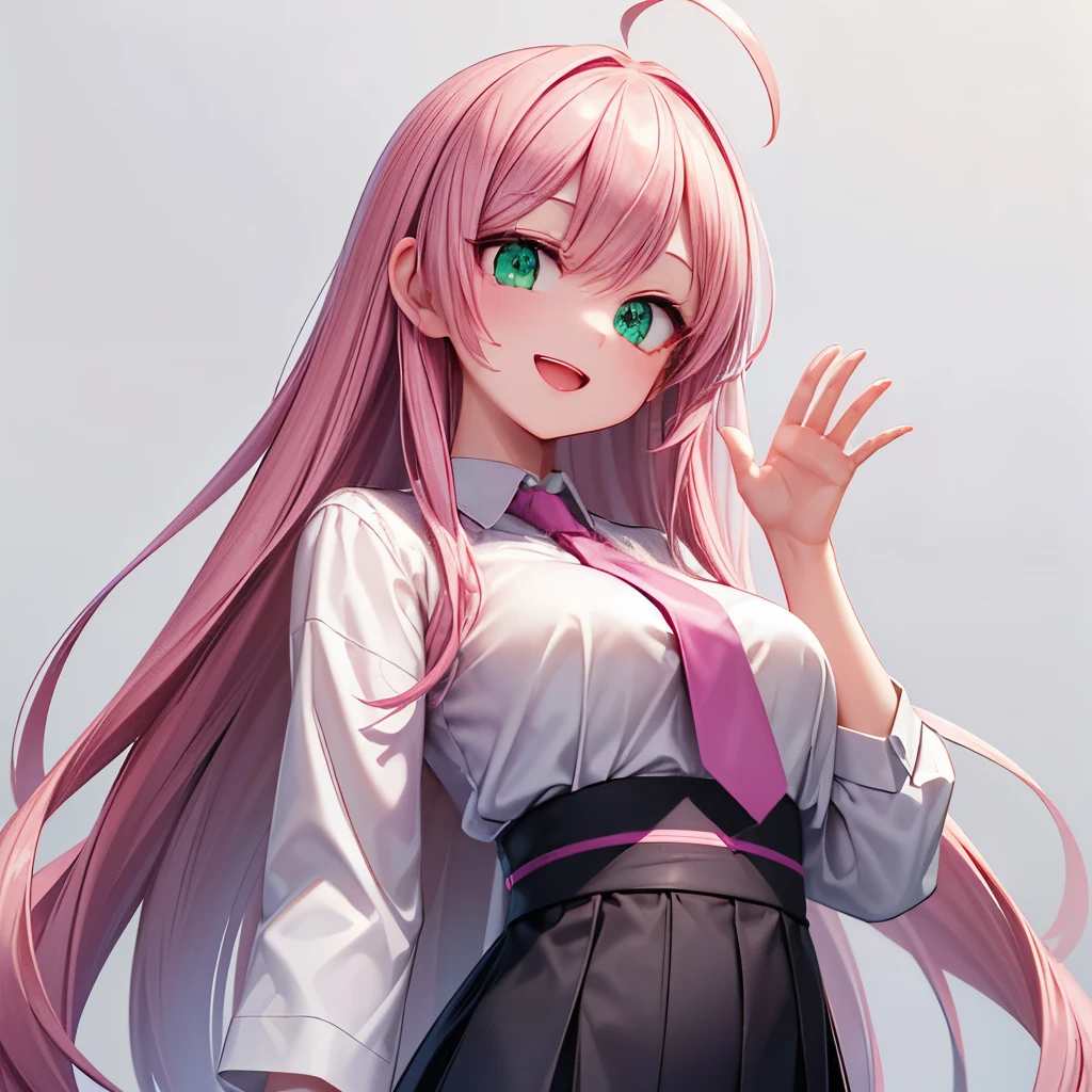 (masterpiece,best quality,detailed,8k,hires:1.3),realistic,focus on face,(head to chest),(gray background),dynamic lighting,1girl,(solo),Japanese girl,16yo,colossal breasts,ultra cute girl,bloom,glowing,detailed face and eyes,very pretty face,(green eyes),big eyes,tareme,(ahoge),bangs,pink hair,long hair,white shirt,navy blue tie,(laugh:1.4),(smile:1.4),(open mouth:1.2),looks happy,(one hand up,detailed hand and finger,better hand,perfect hand and finger),(waving hand:1.4),