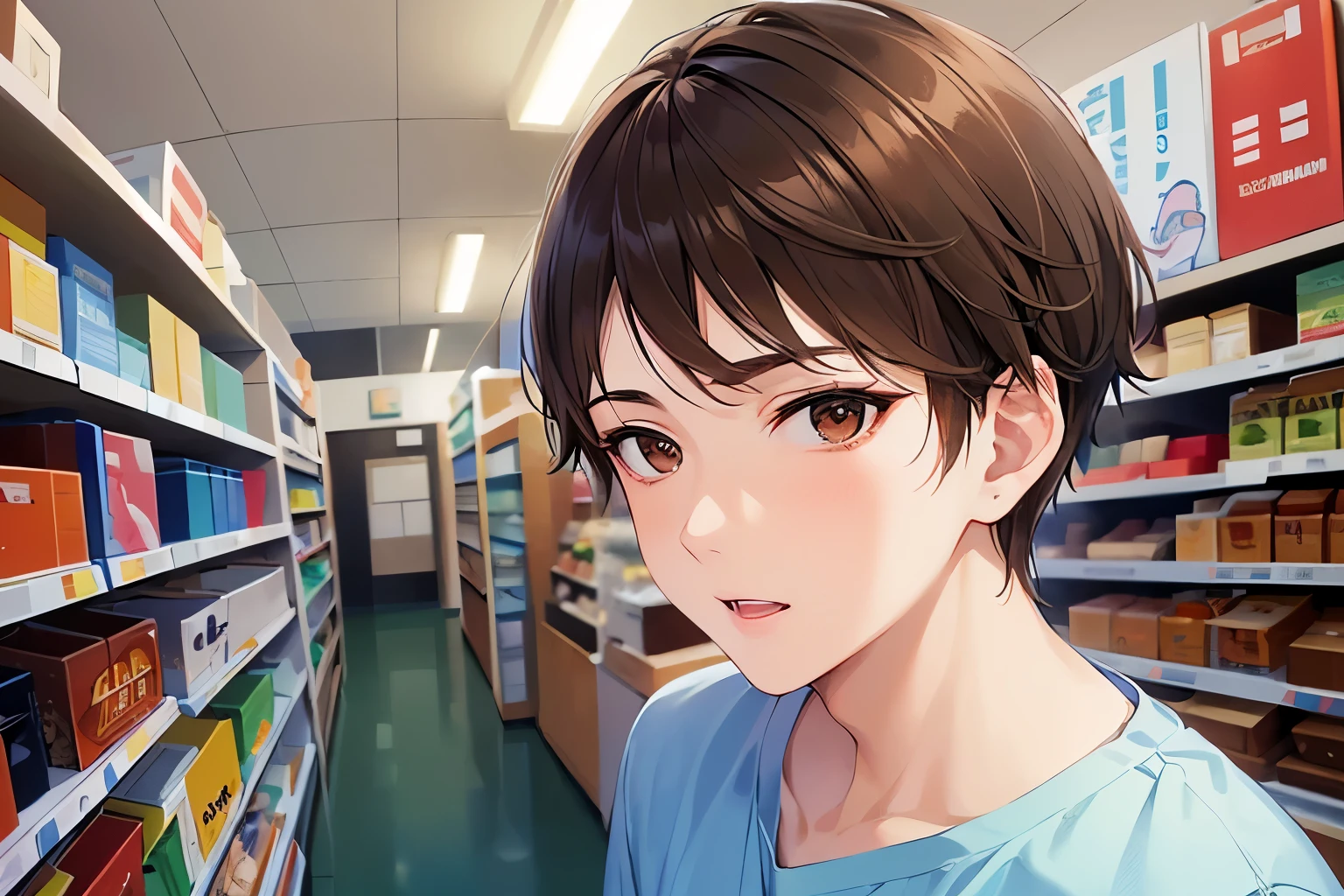 dutch angle, masterpiece、high quality、(25 year old man with short brown hair and brown eyes:1.5)、white t-shirt、(Wearing a blue apron:1.5)、disgust, Supermarket background、Alone、bold composition
