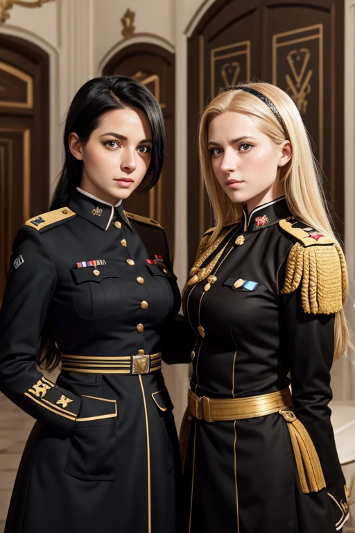 A us navy sailor, sailor is Hispanic, in dress whites, with lots of medals, next to a beautiful woman, with half black and half white hair,sitting on a throne on top of a pile of skulls,