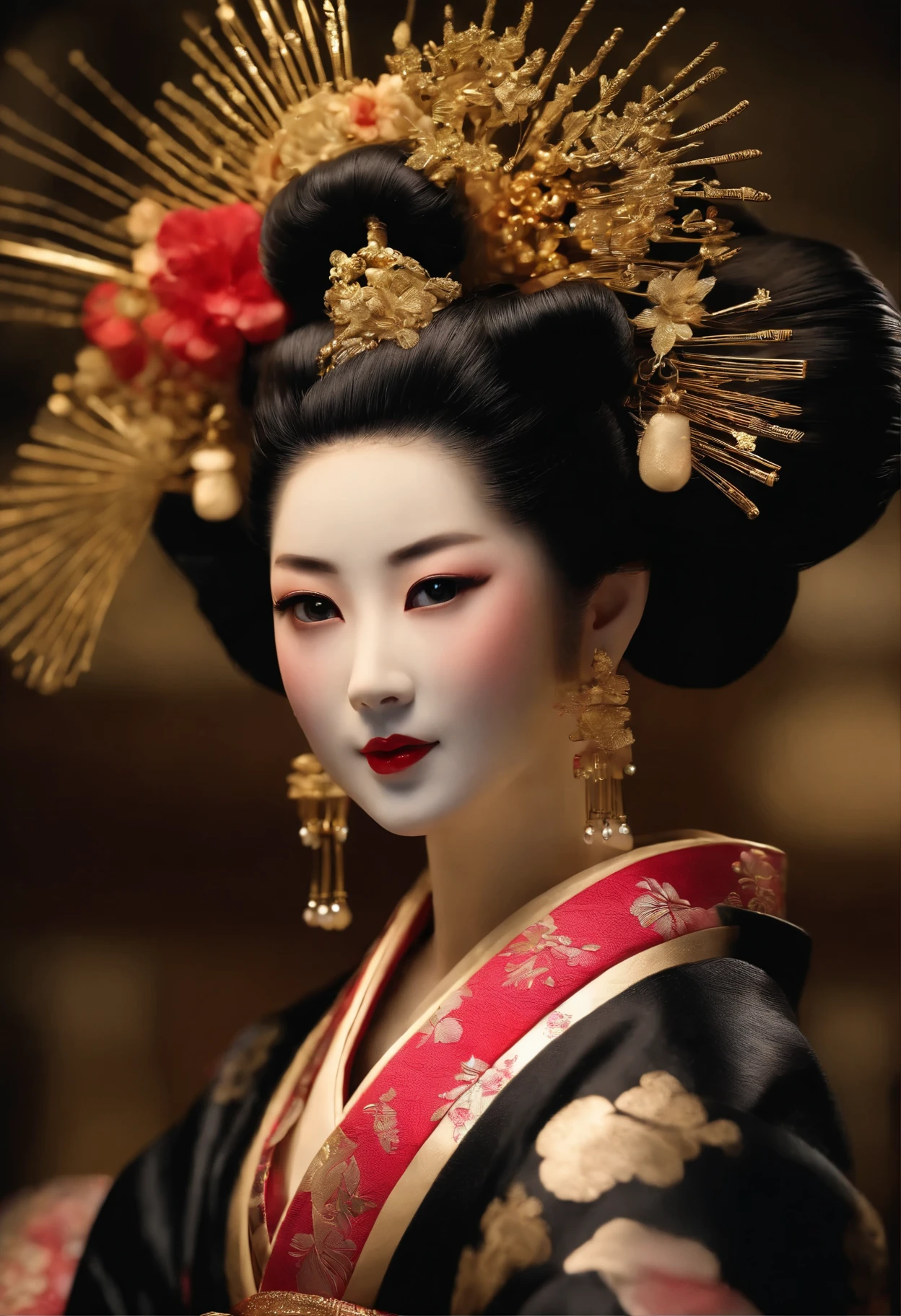 detailed realistic image of 1 young divine and gorgeously decorated oiran, (full body shot:1.5), traditional japanese beauty, sexual (black kimono:1.5) with (((gold))) and pink complex intricate highly detailed traditional pattern, (((traditional intricate geisha hairstyle, hair sticks, kanzashi, kanoko, bira-bira, japanese traditional women's hair ornaments))), flirts with camera, seducing smile, ultra sexy, fancy makeup, heavy eye makeup, red lipstick, big breasts, cleavage, traditional japanese interior, (Best Quality, 16K, Masterpiece, UHD, Ultra quality cinematic lighting, Huge detail, Well lit, 35mm, sharp, hyper realistic, epic scale, insane level of details, beautiful detailed girl, very detailed eyes and face, beautiful detailed eyes, ultra detailed skin, realistic skin)