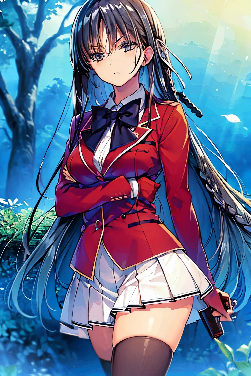 ((masterpiece)), ((best quality)), (ultra-detailed),1GIRL,SCHOOL UNIFORM, LONG HAIR, ,BLACK HAIR,kicking