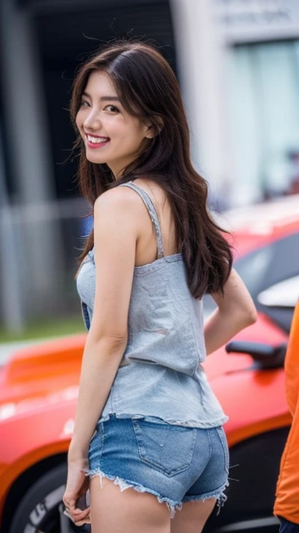 Highly detailed CG Unity 8K wallpaper, highest quality, Super detailed, masterpiece, realistic, photo realistic, Highly detailed cute girl, 25 years old, (whole bodyからつま先まで:1.4)、(whole body)、(whole body to toes)、(shot from the side)、(sitting on the hood of a car)、(lace queen)、(sexy pose）,(model pose)、(big breasts)、(big ass)、(smile at the camera)、
(Sponsored and wearing grid girl costume&#39;logo is printed.:1.3), (shorts) , (sitting in a motorsport race),   (cleavage), smile ,whole bodyショット ,(Side view)、(side shot)、(smile at the camera)、