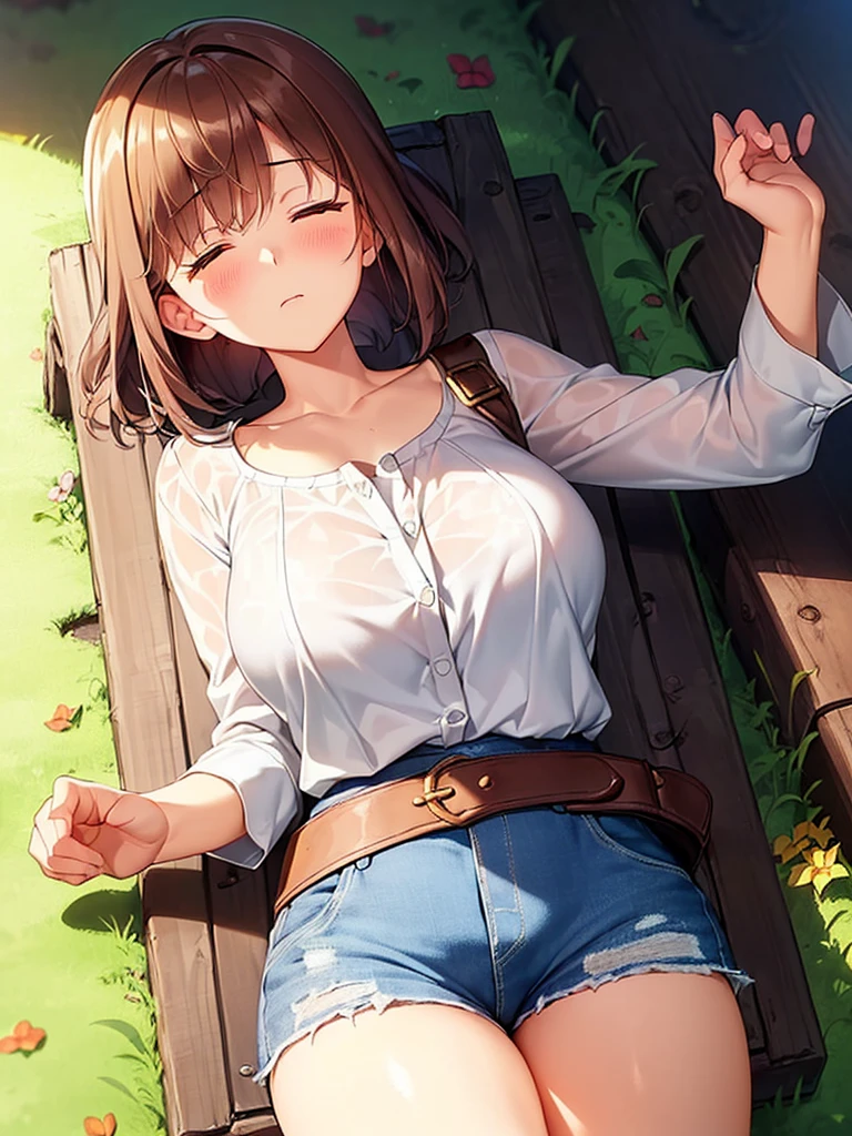 (lying on the ground:1.3), ((From above)), ((Raise the chin up)), ((Fully closed eyes:1.2)), ((tingles)), 1 girl, ((blush:1.2)), ((Expressionless)), ((white shirt)), ((thin and massive chest)), denim shorts, ((long and thin legs)), ((thin waist)), thighs, beret, Beautiful woman, wet clothes, Close your legs, Looks good, defenseless, not defended