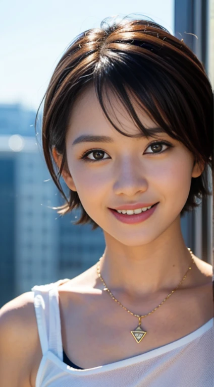 masterpiece, highest quality, Raw photorealism, smile, 大きなsmile, happy expression, beautiful girl, cute, short hair, very short hair, small breasts, Depth of bounds written, High resolution, ultra detail, very detailed eyes and face, sharp pupils, realistic student, upper body shot,stand up, big necklace, gold necklace, sharp focus, movie lighting, soft lighting,