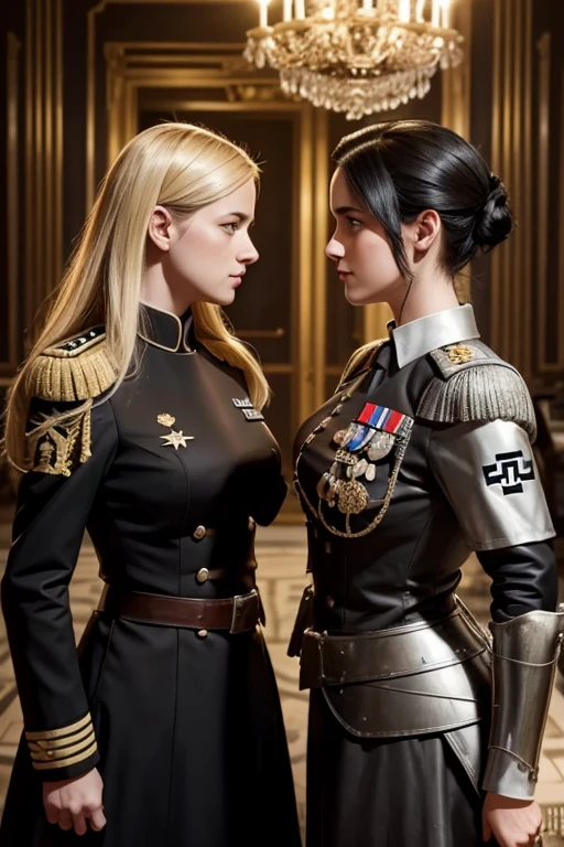 german womens, general, nazi , sexy catholics, black hair,blondes, perfect face, using armor, dress, soft lesbians,  background in mansion