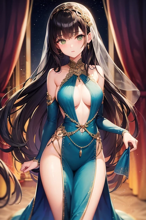 female, 5 foot 5 inches tall, slim body build, waist length wavy brunette to black hair, green eyes, mid 20 age, ethnicity india, ethnicity middle eastern, clothing style 1920-30's, demure dress style, clothing not revealing