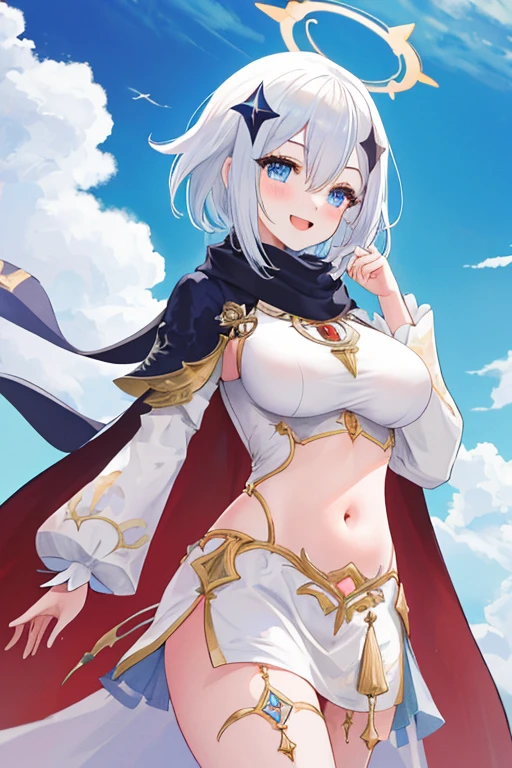 best quality, masterpiece, highres, solo, {paimon_genshin:1.15}, (white_hair), halo, hair_ornament, blue_eyes, hair_between_eyes, short_hair, bangs, open_mouth, blush, smile, cape, 1girl, dress, long_sleeves, looking_at_viewer, scarf, white_dress, (big tits), exposed belly