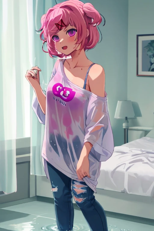 1girl, ((drenched)), ((soaked)), (dripping water), SoakingWetClothes, sagging clothes, wet body, wet all over, wet dripping hair, full body, (ddlcnatsuki, fang, hair ornament, pink hair, (purple eyes:1.1), short hair, short sidetail, swept bangs, x hair ornament), casual clothes, off shoulder shirt, oversized shirt, bra underneath, jeans, wet hair, bedroom, adjusting hair, looking at camera, closeup