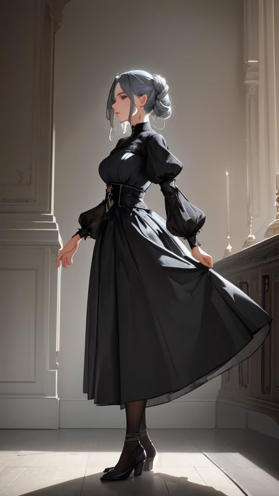 (best quality,8k,masterpiece:1.2),extremely detailed,1girl, grey two-tone hair,dress,long skirt,beautiful detailed face,elaborate,dramatic lighting,4k,detailed background,caustics,portraits,full body shot,looking at the viewer,side view