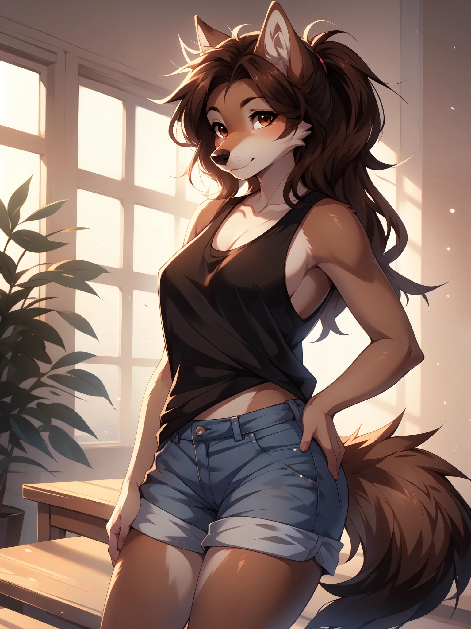 By fumiko, by hyattlen, by hioshiru, Jaiden, female brown wolf, brown eyes, long brown hair, pony tail, brown wolf tail, cute snout, black nose, tall and curvy, wearing white tank top, jean shorts, indoors, simple background