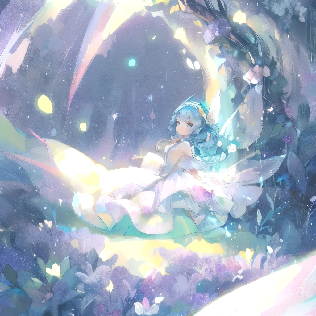 beautiful fairy girl in tiered colorful gradient ballgown dress, gradient sparkling ,A dress with lots of frills、 queen of the fairies, Huge white fairy wings、 Flowers and colorful plants, beautiful, masterpiece, highest quality、gradient hair, light blue hair, floating hair, wavy hair,fluffy hair、 very long hair, Hair ribbon at the back of the head, pastel wreath on head,clear light blue eyes, long eyelashes, pointed ears, light smile, bright pupils, ((Sparkling fluffy layered ball gown)), (Magic, Whimsical), Long flowing colorful hair, colorful fantasia background, disney art style, There's a glowing aura around her, beautiful digital illustration, Fantasia otherworldly landscape plants flowers, beautiful, masterpiece, highest quality、corolla、chaplet