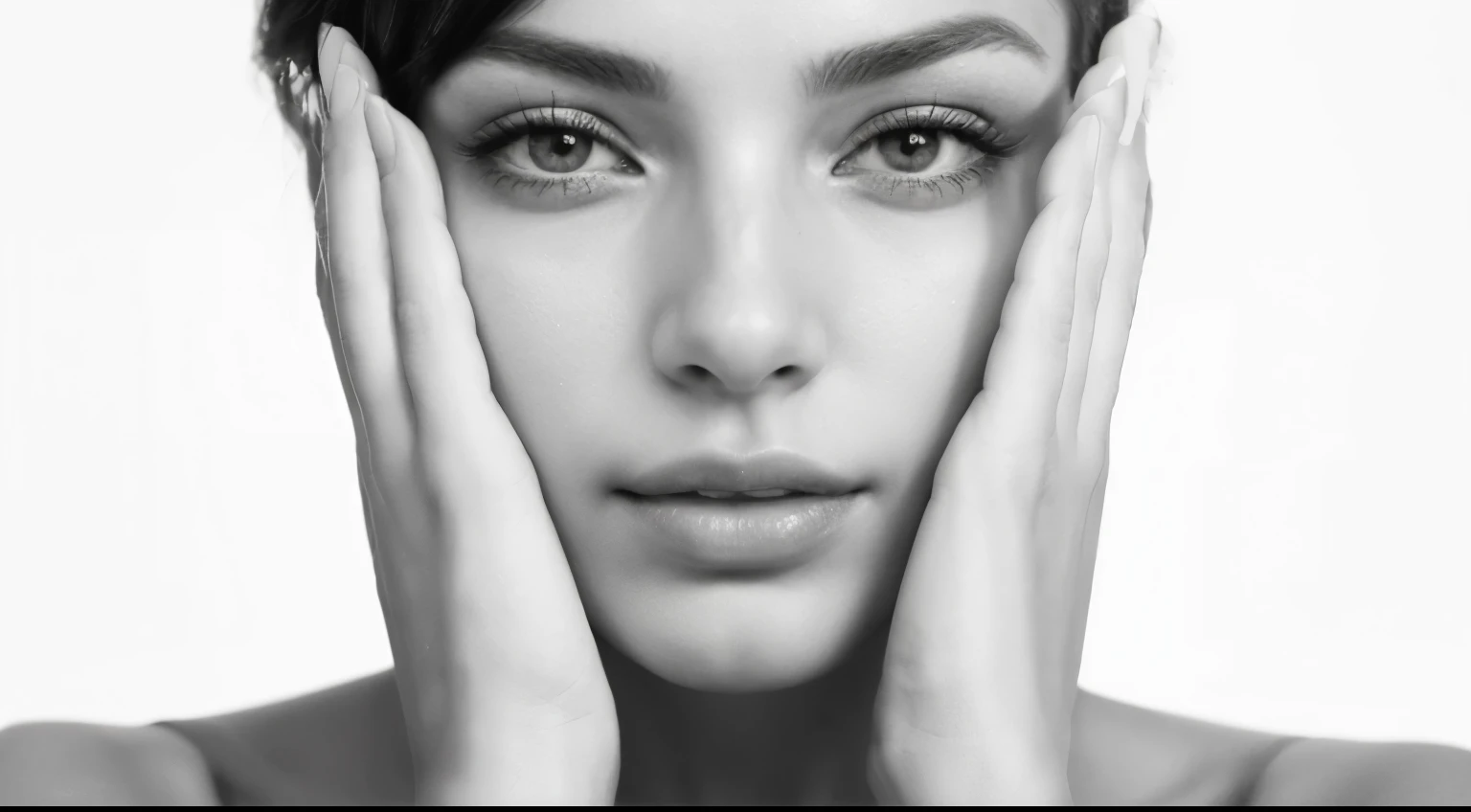 a hyperrealistic photograph capturing the essence of a woman’s face, hands gracefully framing each side . reminiscent of a model’s pose. This striking image, set against a pristine white backdrop, is perfect for an online store banner, offering a blend of elegance and realism that draws attention