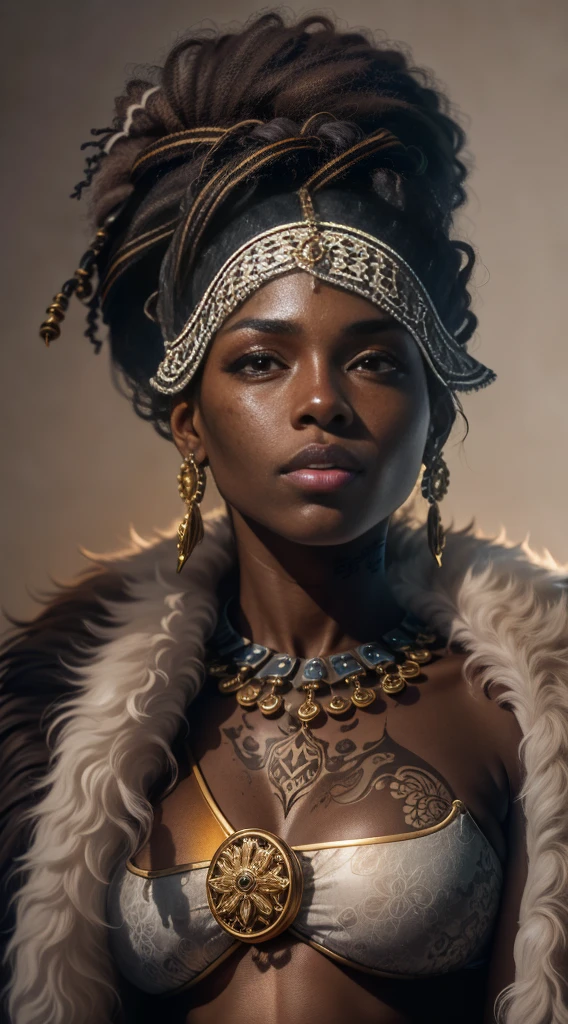 A full body portrait of a black African woman with deep ebony skin, the photograph captured in stunning 8k resolution and raw format to preserve the highest quality of detail. The woman's beauty is undeniable, a serious and threatening look. She wears a black battle outfit with gold details and some animal fur adornments that complement her imposing pose, all portrayed with meticulous attention to detail, showing the strength within her. The photograph is taken with a lens that frames your entire body, challenging your gaze, and the backdrop is a rustic, bright environment that highlights the vibrant colors of the scene. The lighting and shadows are expertly crafted to highlight the richness of her skin tone and the subtle nuances of her features. Her dreadlock-style hair, with distinct shade variations, adds a touch of warmth and contrast to her ebony skin. The interior setting adds a sense of hostility, while the freckles and tattoos on her skin tell their own story. The overall composition captures her essence with authenticity and grace, creating a portrait that is a celebration of her warrior heritage and beauty. Photography by defiance512, using the best shadow and lighting techniques, to create a mesmerizing portrait that transcends the visual.