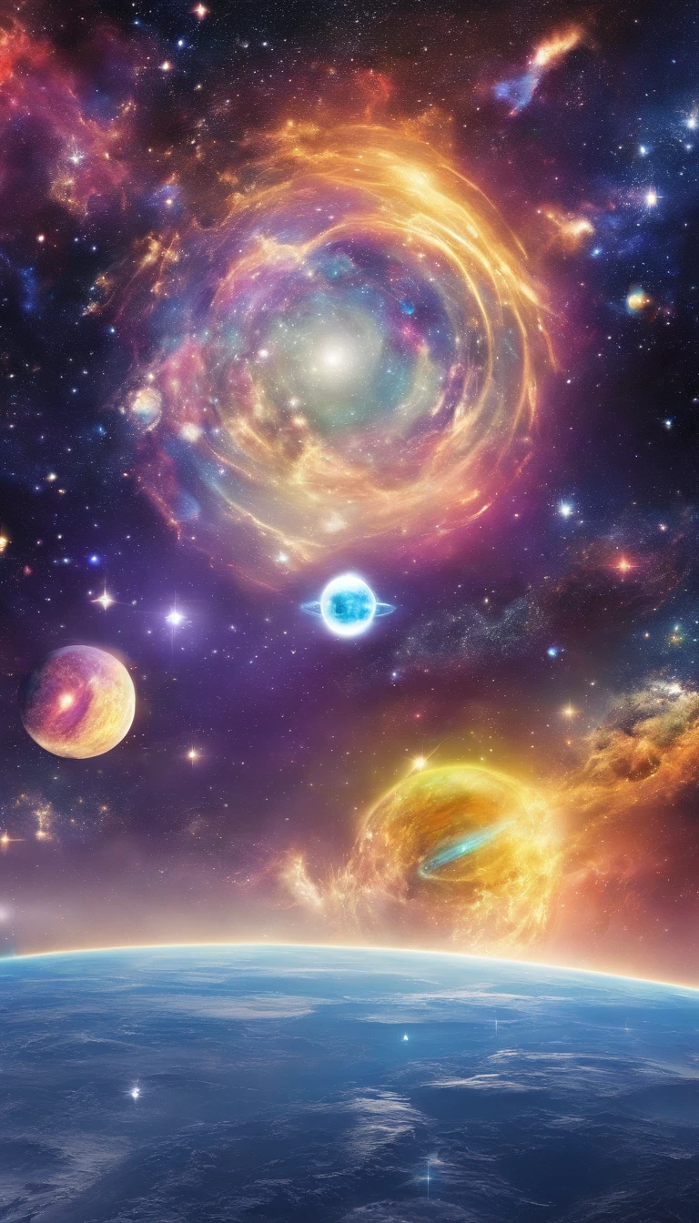 Nakayama Ren、planet phantom, Planet with bright rainbow and rings in the sky、universe、yellow、gold、diamond、Sparkling