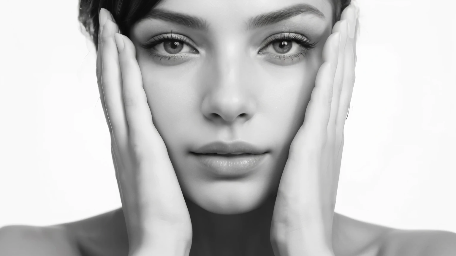 a hyperrealistic photograph capturing the essence of a woman’s face, hands gracefully framing each side . reminiscent of a model’s pose. This striking image, set against a pristine white backdrop, is perfect for an online store banner, offering a blend of elegance and realism that draws attention