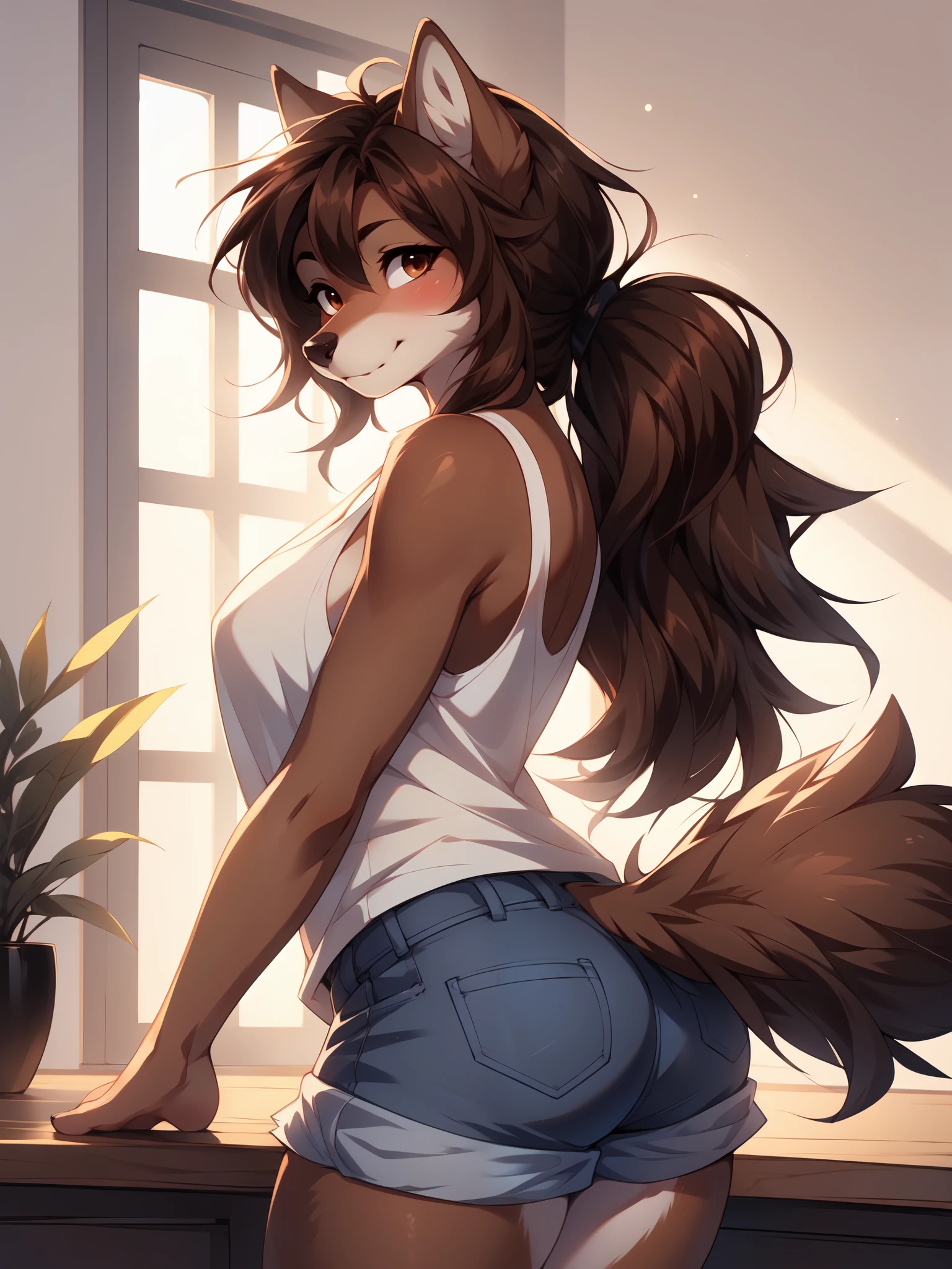 beautiful, (masterpiece), high quality, Highly detailed CG Unity 8k wallpaper, High resolution, perfect lighting, youthful, slim, medium breasts, tall anthropomorphic husky woman, furry, fuzzy plumage fur, dark brown eyes, long dark hair with pigtails and aesthetic slender face. stylish white summer outfit, white jeans, lace crop shirt, long slender legs, youthful, adolescent, thin frail feminine figure, skinny, teacher, detailed expressive face, close angle, classroom, crawling on teacher's desk, skinny waist, behind view, looking back, all fours, fluffy tail, wet pants, squirting, leaking juice, gushing, sticky pussy juice