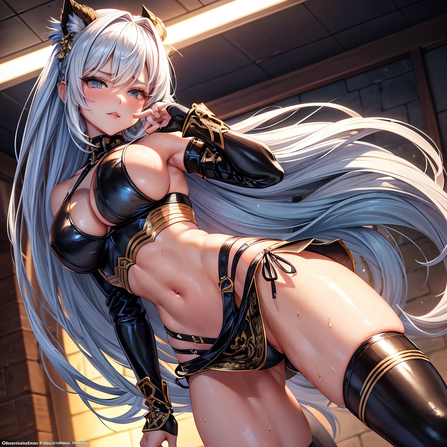 SEXY HORNY CUTE ANIME NIGHTCORE GIRL TOUCH HER TOUNGE WITH HORNY FACE DRESSEDIN SHORT DRESS Masterpiece, Behold the meticulously crafted art of a stunning warrior girl in a captivating pose. Adorned in bikini armor that shimmers with intricate details, she dons a leather jacket, enhancing her allure. Her large breasts, gleaming with wetness, boast a commanding presence. With a blush on her cheeks and a sheen of sweat on her shiny skin, this warrior is both seductive and fierce. Whole body exposed, her sexuality exuded in a provocative pose, she stands confidently, one leg boldly raised, a split in her armor revealing her toned thigh. The fabric of her bikini clings to her