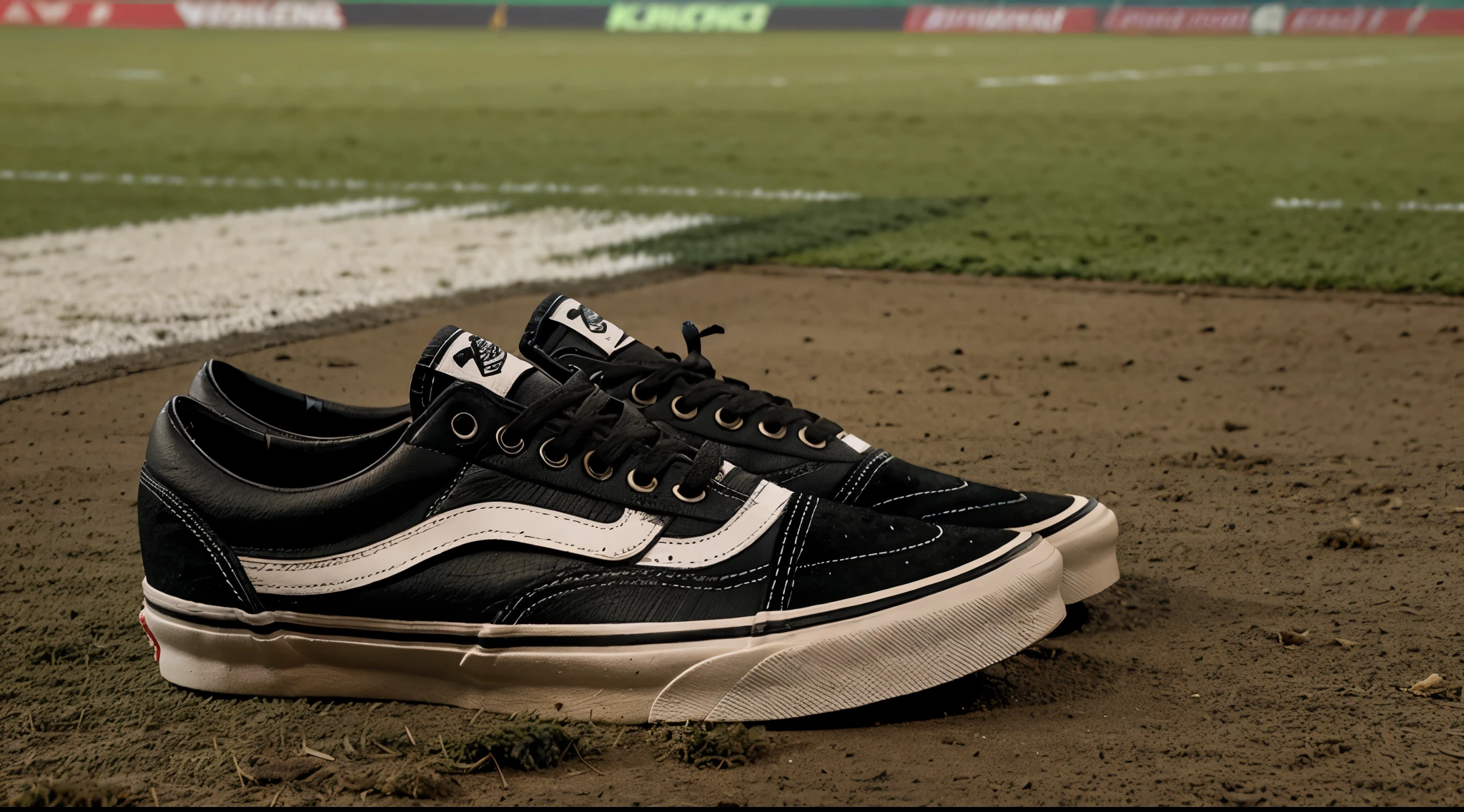 dirty, old fashnioned vans shoes on the field during nght