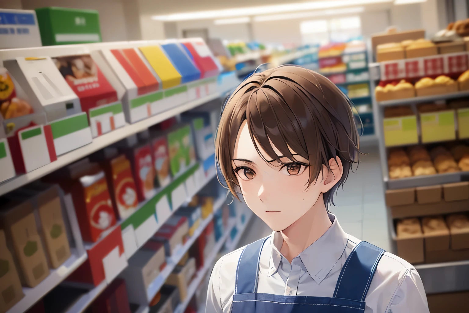 dutch angle, masterpiece、high quality、(25 year old man with short brown hair and brown eyes:1.5)、white t-shirt、(Wearing a blue apron:1.5)、disgust, Supermarket background、Alone、bold composition