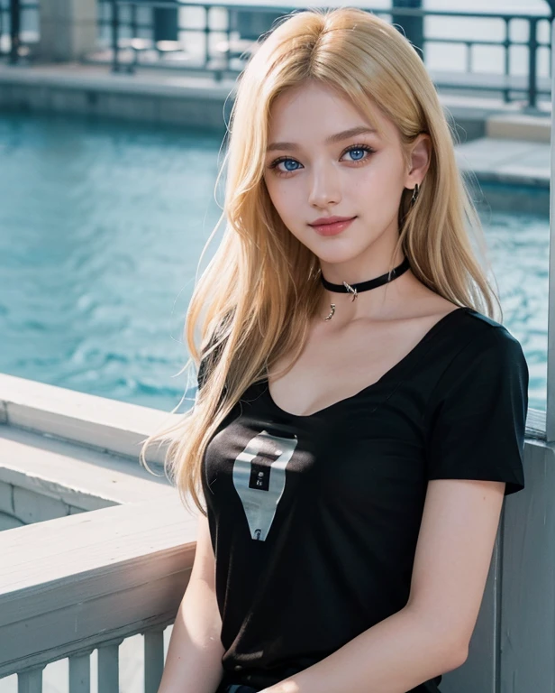 1girl, (Blue eyes), (Smile), (Sana Minatozaki), (Best Quality, 8k, Masterpiece: 1.3), perfect hands, Clear Focus: 1.2, Perfect Body Beauty: 1.4 , Slender Abs: 1.2, ((Highly detailed face and skin texture)), detailed eyes, double eyelids, (blonde long hair), (black short t-shirt :1.5), standing, on the balcony of a building, city in the background, close up, face close, charming smile, teeth, eyelashes, glow in eyes, beautiful eyes, choker