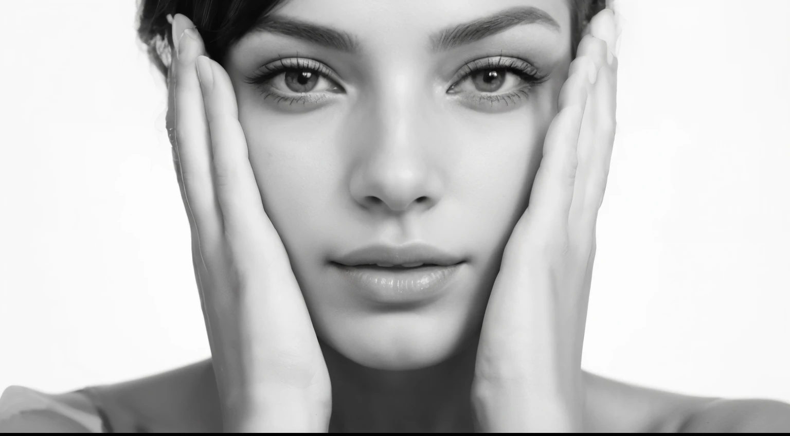 a hyperrealistic photograph capturing the essence of a woman’s face, hands gracefully framing each side . reminiscent of a model’s pose. This striking image, set against a pristine white backdrop, is perfect for an online store banner, offering a blend of elegance and realism that draws attention. Manos detalladas. Dedos detallados y perfectos