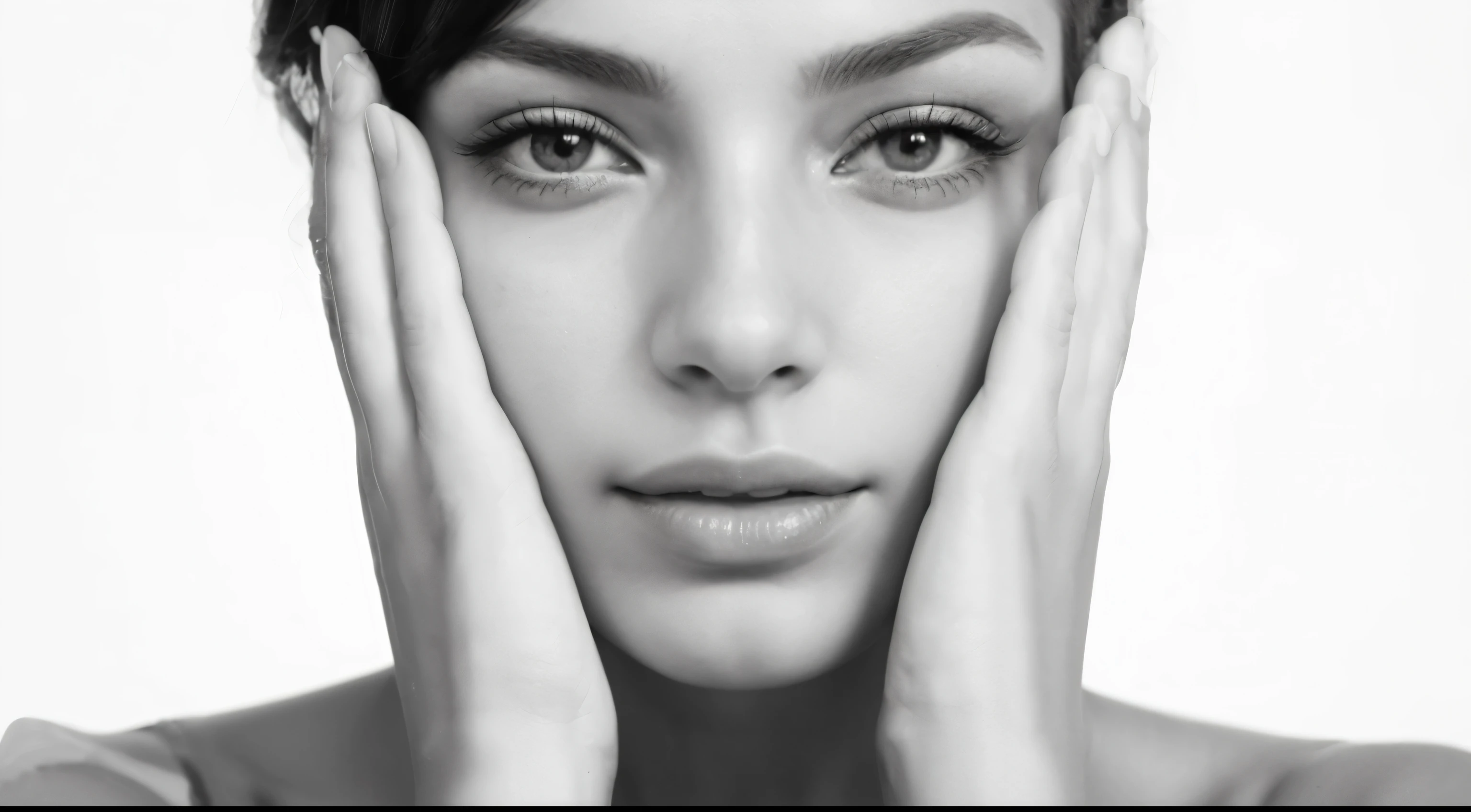 a hyperrealistic photograph that captures the essence of a woman's face, manos enmarcando con gracia cada lado . que recuerda a la pose de un modelo. Esta impactante imagen, sobre un fondo blanco inmaculado, It is perfect for an online store banner, offering a mix of elegance and realism that attracts attention. manos detalladas. Dedos detallados y perfectos