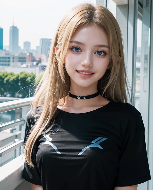 1girl, (masterpiece),(Blue eyes), (Smile), (Sana Minatozaki), (Best Quality, 8k, Masterpiece: 1.3), perfect hands, Clear Focus: 1.2, Perfect Body Beauty: 1.4 , Slender Abs: 1.2, ((Highly detailed face and skin texture)), detailed eyes, double eyelids, (blonde long hair), (black short t-shirt :1.5), standing, on the balcony of a building, city in the background, close up, face close, charming smile, teeth, eyelashes, glow in eyes, beautiful eyes, choker