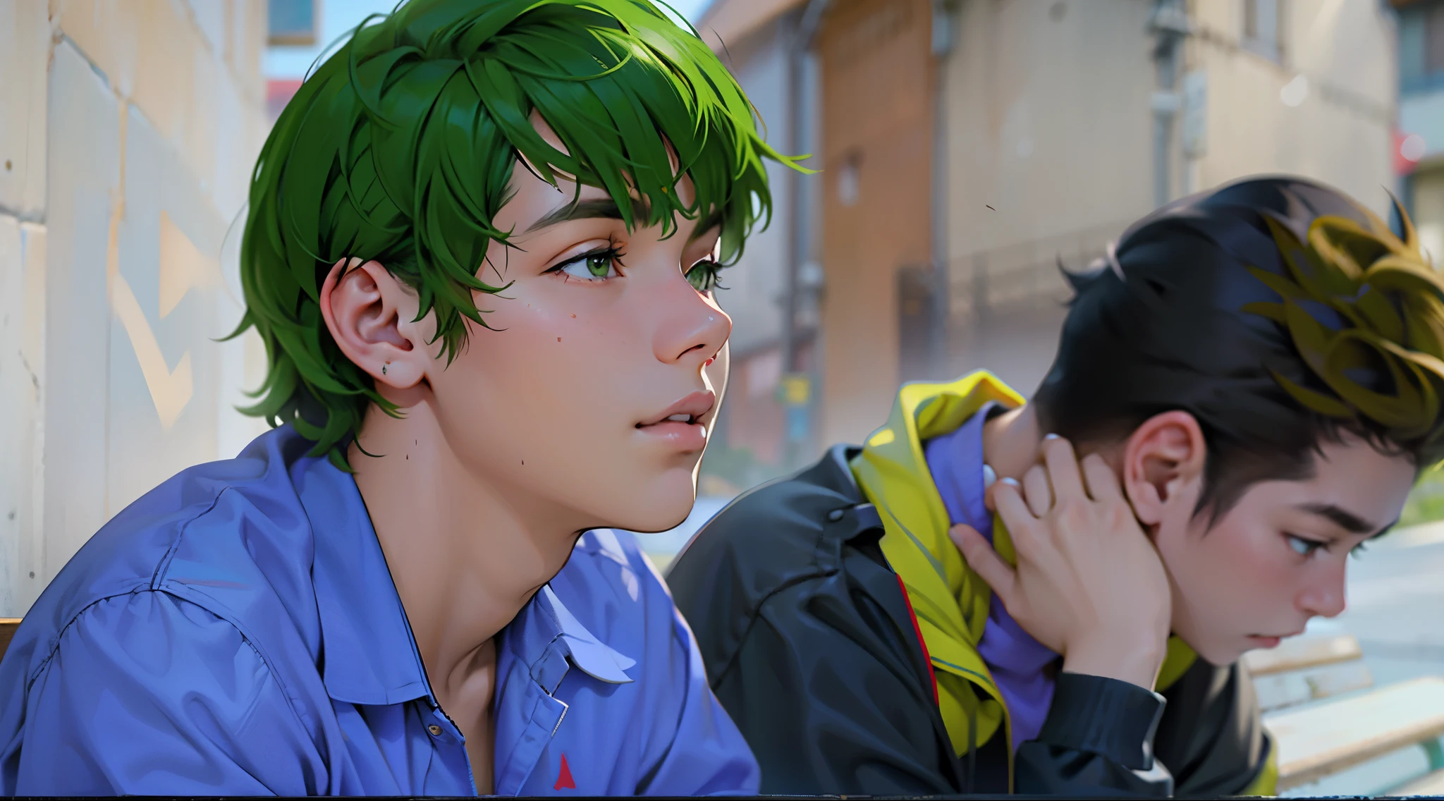 There are two young people sitting next to each other on a bench, They are both 15 years old and in high school., tienen cabello color verde ojos verdes , esta mirando preocupado a alguien que se acerca