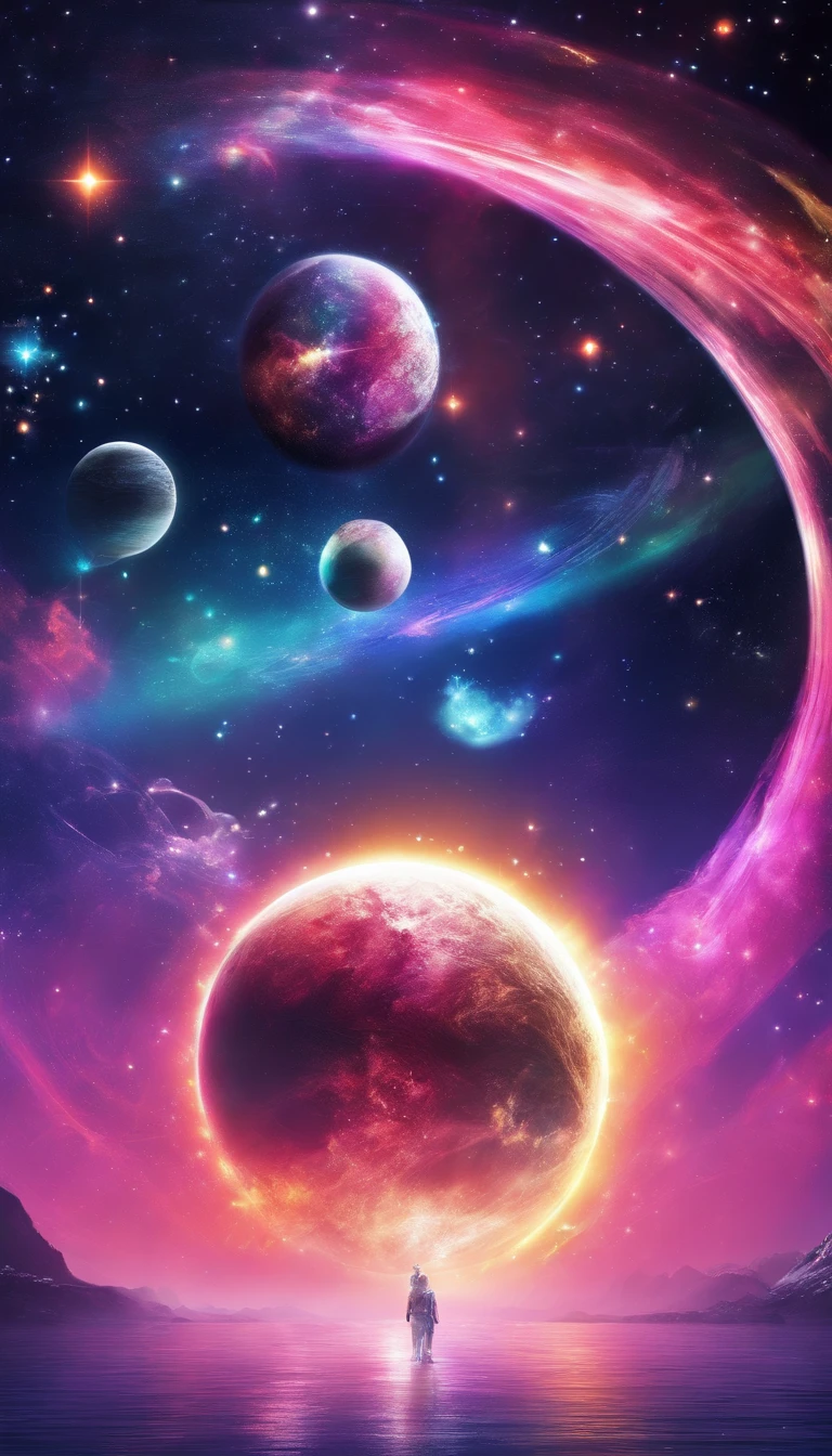 planet phantom, Planet with bright rainbow and rings in the sky、silver、Sparkling、sun
