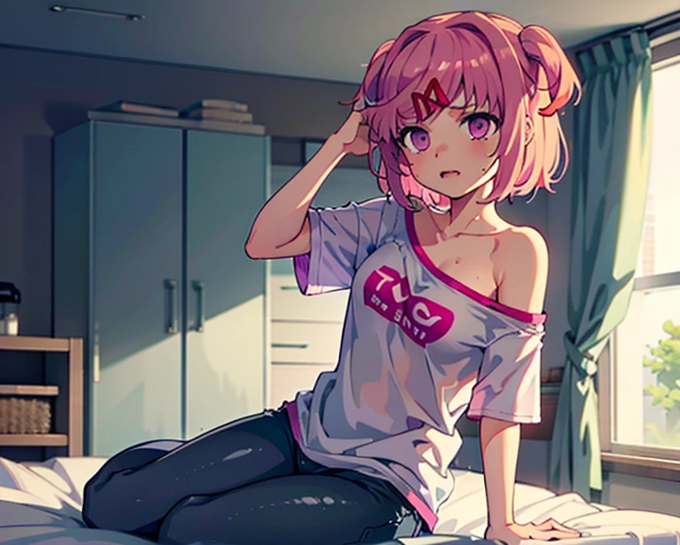 1girl, ((drenched)), ((soaked)), (dripping water), SoakingWetClothes, sagging clothes, wet body, wet all over, wet dripping hair, full body, sitting, (ddlcnatsuki, fang, hair ornament, pink hair, (purple eyes:1.1), short hair, short sidetail, swept bangs, x hair ornament), casual clothes, off shoulder shirt, oversized shirt, bra underneath, jeans, wet hair, bedroom, adjusting hair, looking at camera, closeup face