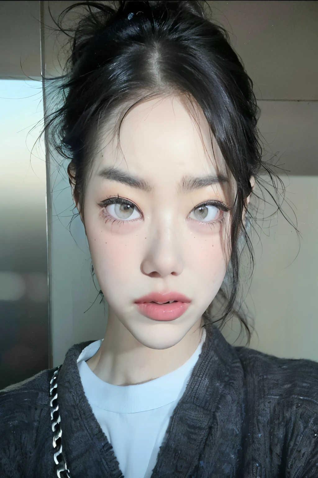 there is a woman with black hair and a gray sweater, jennie rosa negro, Jimin\los labios carnosos, joven y adorable rostro coreano, heonhwa choe, Jimin\his right eyelid is swollen, jaeyeon nam, ulzzang, young cute wan asian guy, asian guy, pale korean adorable face, korean symmetrical face, rasgos de la cara coreana, tetas enormes, grandes pechos en escote profundo