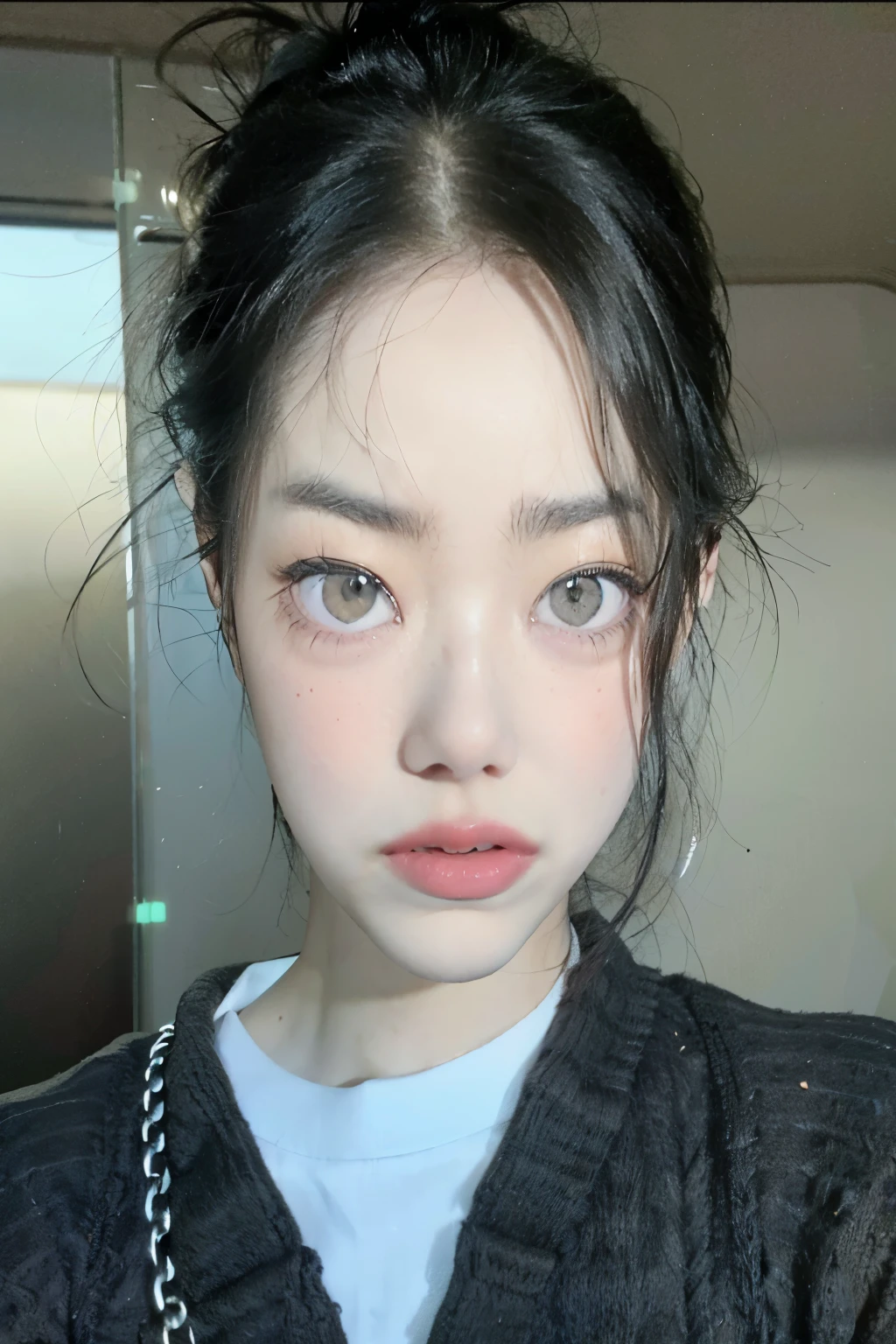 there is a woman with black hair and a gray sweater, jennie rosa negro, Jimin\los labios carnosos, joven y adorable rostro coreano, heonhwa choe, Jimin\his right eyelid is swollen, jaeyeon nam, ulzzang, young cute wan asian guy, asian guy, pale korean adorable face, korean symmetrical face, rasgos de la cara coreana, tetas enormes, grandes pechos en escote profundo