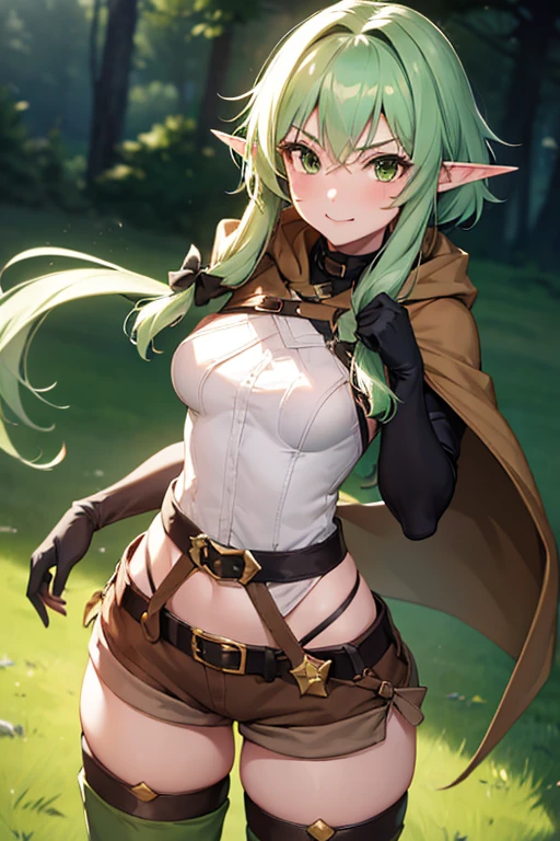 masterpiece, best quality, highres, 1girl, elf, pointy ears, green hair, long hair, green eyes, hair bow, black gloves, brown shorts, sidelocks, cloak, green thighhighs, short shorts, belt, medium breasts, cowboy shot, standing, smile, raised eyebrows
