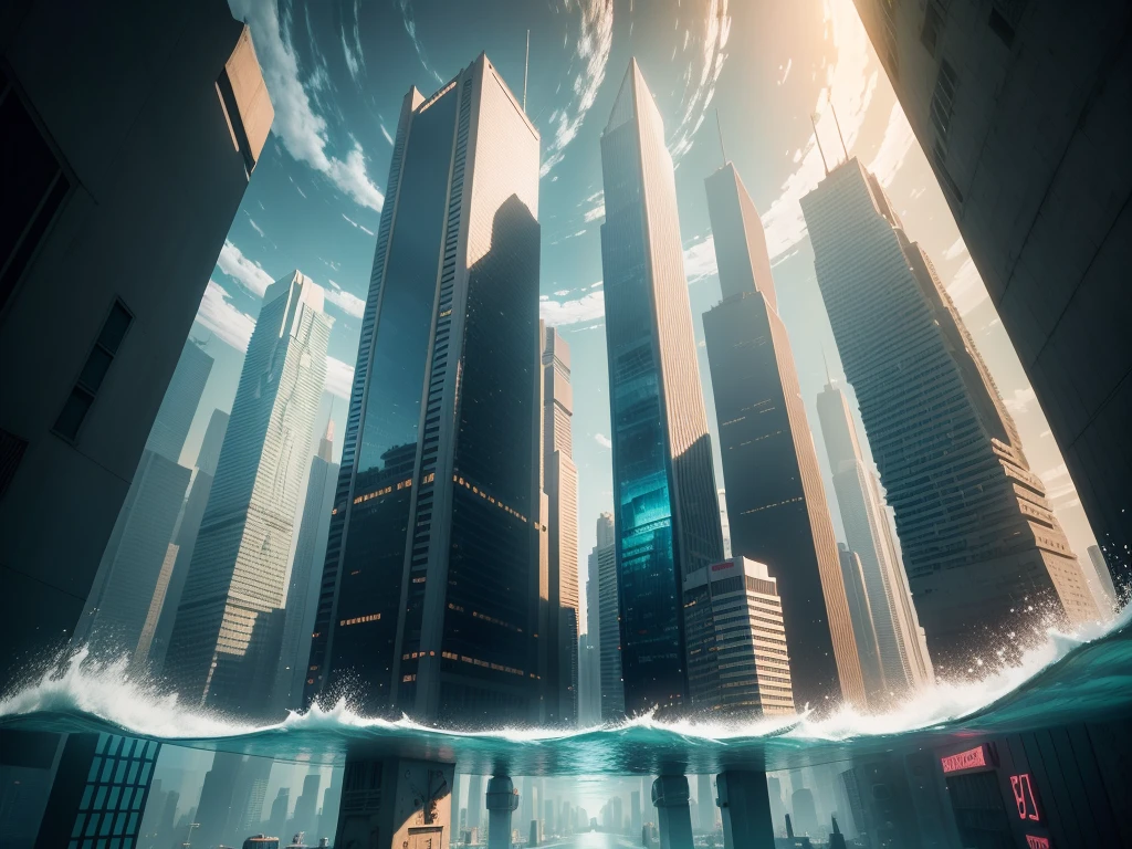 In the heart of a submerged modern city, where the future imagination merges with the present reality, you find yourself surrounded by the crisp, high image quality of your surroundings. The towering buildings, once standing proud above the waves, now rest beneath the serene waters, their glass facades reflecting the shimmering light like mirrors. The streets, now transformed into bustling underwater thoroughfares, teem with life as fish swim amongst the ruins of vehicles and neon signs flash in the depths. The people, dressed in futuristic attire, carry on with their daily lives, oblivious to the world above as they navigate the city's complex labyrinth of tunnels and