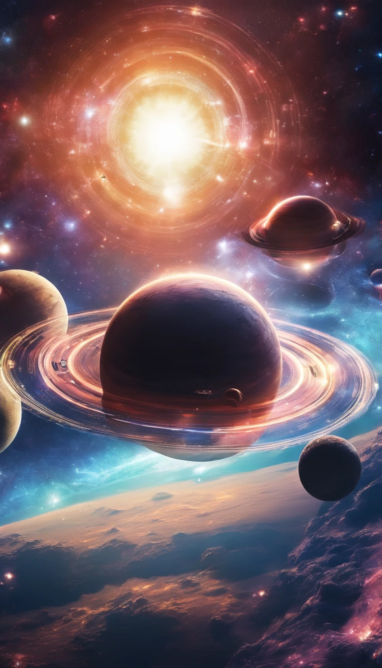 planet phantom, planet with rings in the sky、gold、Sparkling、sun、universe