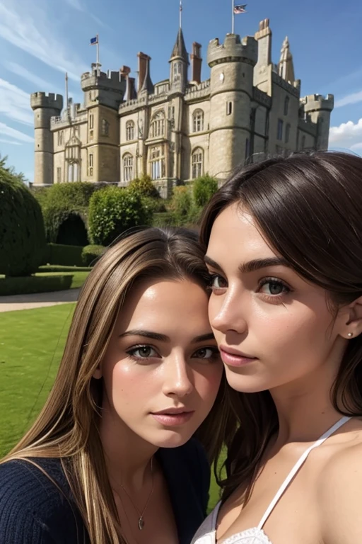 beautiful british womens, detailed face, soft lesbians, background in castle