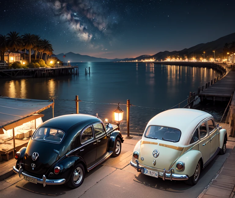 Red Vintage Beatle by Volkswagen, seaside, Palm tree、boat at anchor、Sea of night、starry skies、(from left、From before), pier、dark Knight、