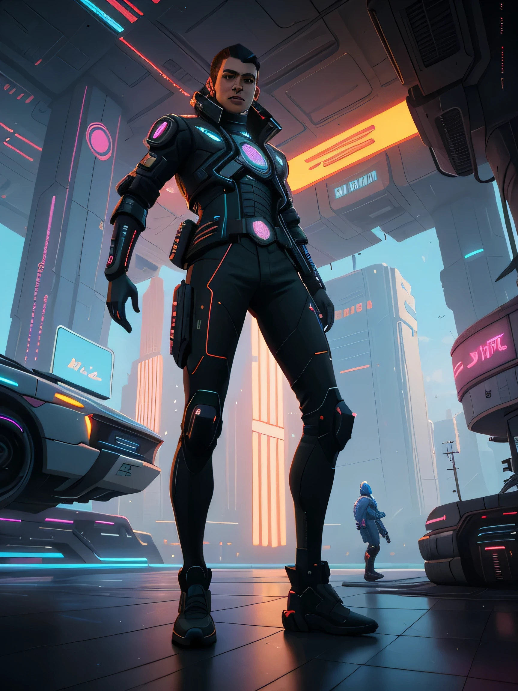 Futuristic sci-fi art of a man in a futuristic city., sci-fi digital art illustration, scifi cyberpunk, estilo de arte ciberpunk, Arte ciberpunk digital avanzado, beeple style hybrid mix, pintura digital retrofuturista, detailed cyberpunk illustration, estilo cyberpunk hiperrealista, cyberpunk art style, en estilo de beeple, Beeple y Tim Hildebrandt
