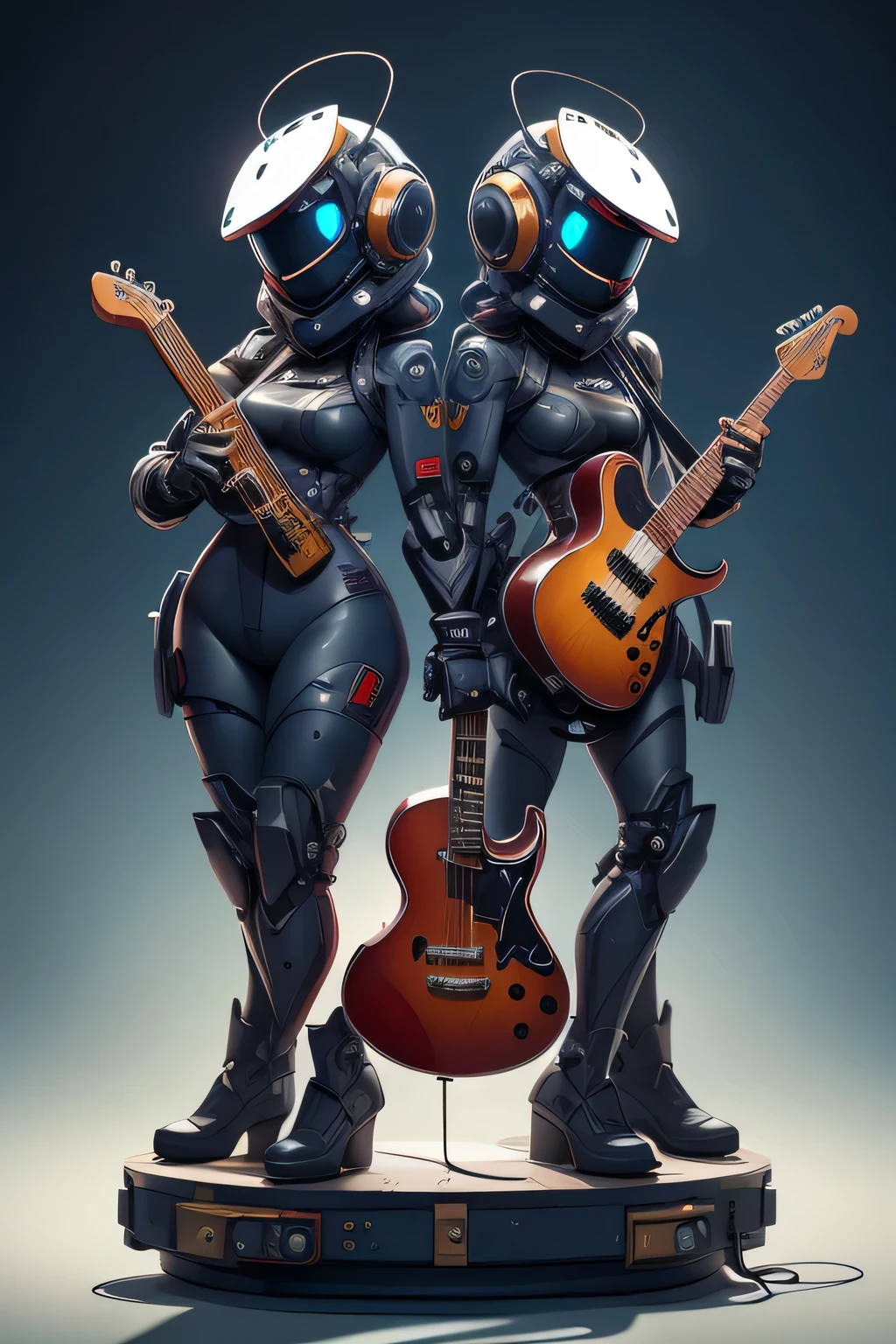 cute heavy metal musician  band with musical instruments  of robots in navy suits