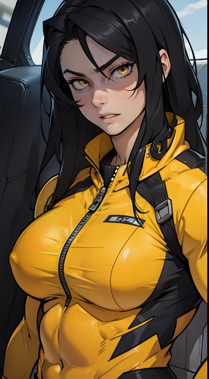 1 girl, black hair, yellow eyes, very long hair, pale skin, ((((extremely muscular)))), large breasts, (confident expression), pilot suit, close up