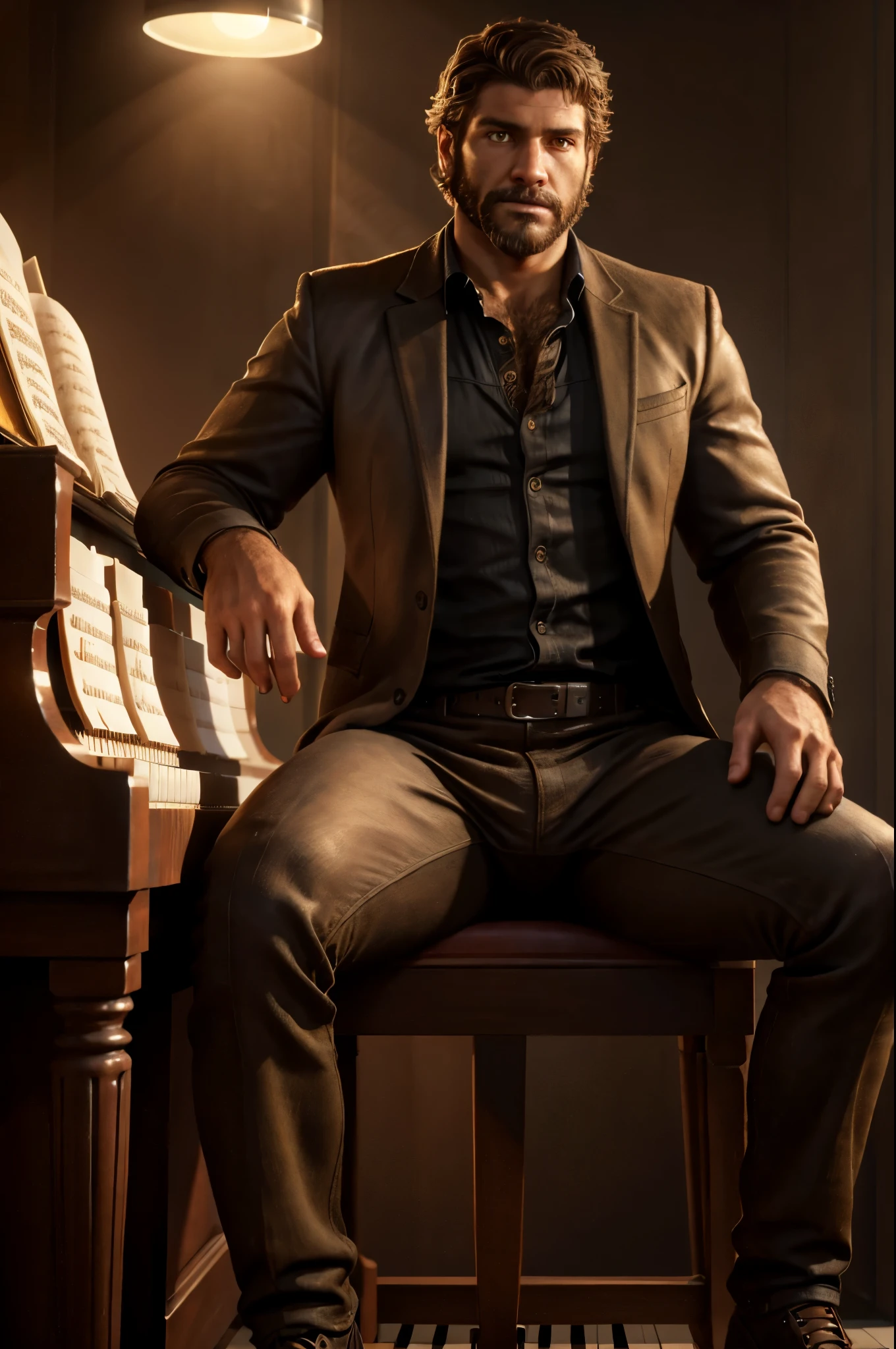 realistic photo scene 8k UHD ((ultra detailed masterpiece)), young handsome man, male, wide view, full body portrait, short dark-brown hair, beard, extremely hairy, body hair, yellow eyes, playing the piano