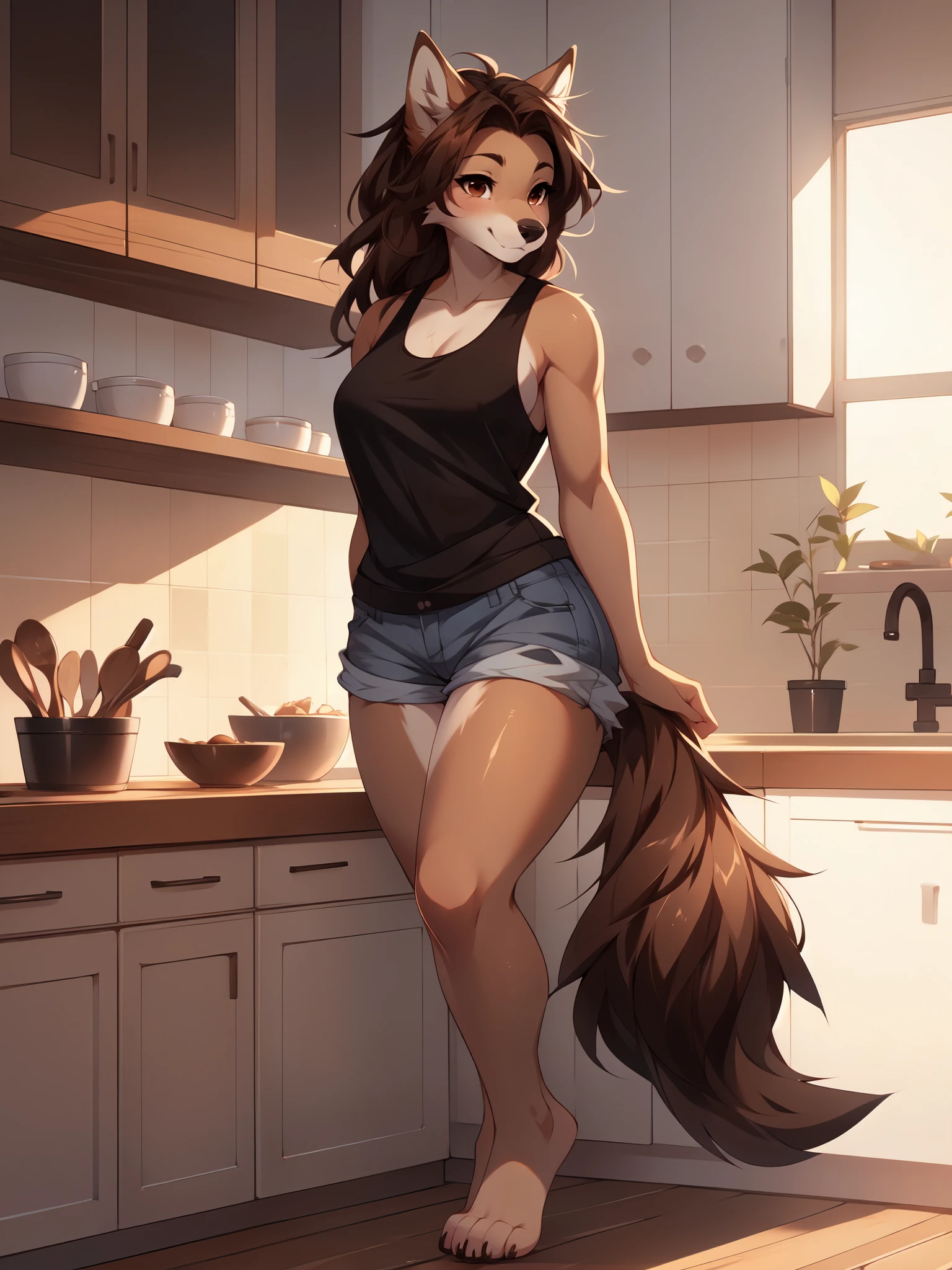 By fumiko, by hyattlen, by hioshiru, Jaiden, female brown wolf, brown eyes, long brown hair, pony tail, brown wolf tail, cute snout, black nose, tall and curvy, wearing white tank top, jean shorts, barefoot, thicc,indoors, in a kitchen, simple background