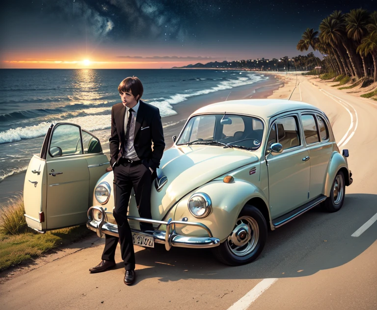 Red Vintage Beatle by Volkswagen, seaside, Palm tree、boat at anchor、Sea of night、starry skies、(from left、From before), pier、dark Knight、open open car、A lot of suitcases on the car、car travel、