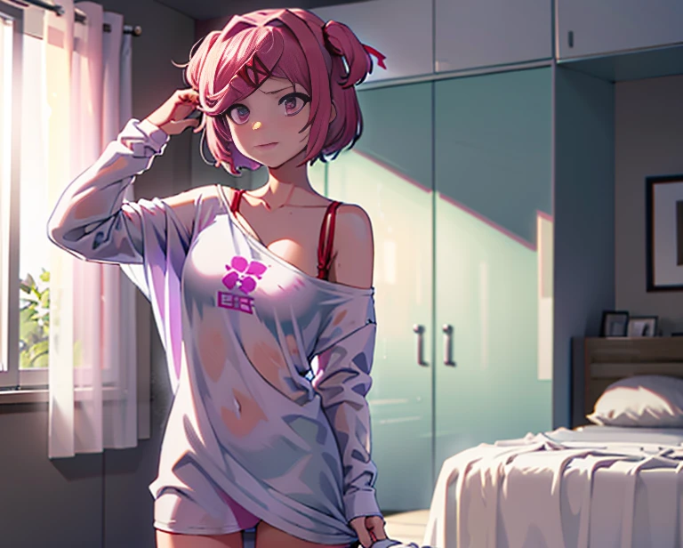 (ddlcnatsuki, fang, hair ornament, pink hair, (purple eyes:1.1), short hair, short sidetail, swept bangs, x hair ornament), standing in bedroom getting dressed, wearing an oversized shirt with only one sleeve, bra underneath shirt with one brastrap visible, one hand pulls up pants, one hand adjusts hair, soaking wet messy hair, sagging shirt, panty strap visible above pants