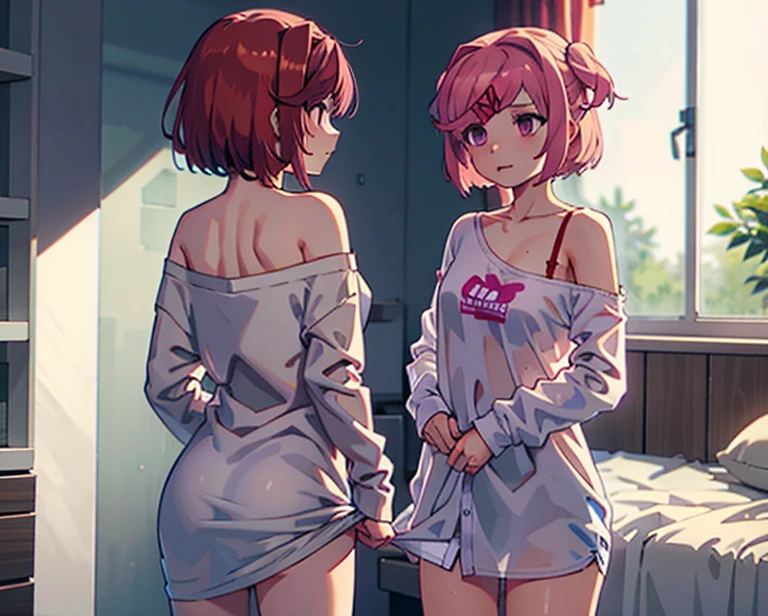 (ddlcnatsuki, fang, hair ornament, pink hair, (purple eyes:1.1), short hair, short sidetail, swept bangs, x hair ornament), standing in bedroom getting dressed, wearing an oversized shirt with only one sleeve, bra underneath shirt with one brastrap visible, one hand pulls up pants, one hand adjusts hair, soaking wet messy hair, sagging shirt, panty strap visible above pants