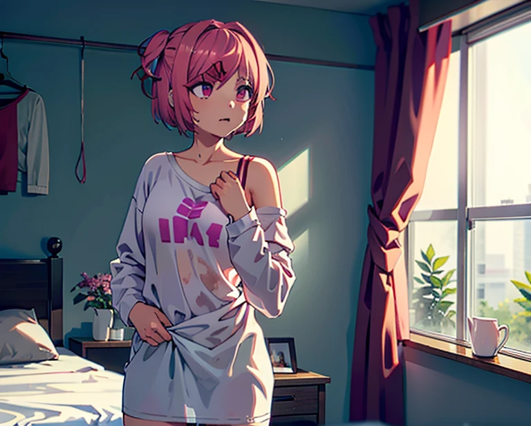 (ddlcnatsuki, fang, hair ornament, pink hair, (purple eyes:1.1), short hair, short sidetail, swept bangs, x hair ornament), standing in bedroom getting dressed, wearing an oversized shirt with only one sleeve, bra underneath shirt with one brastrap visible, one hand pulls up pants, one hand adjusts hair, soaking wet messy hair, sagging shirt, panty strap visible above pants