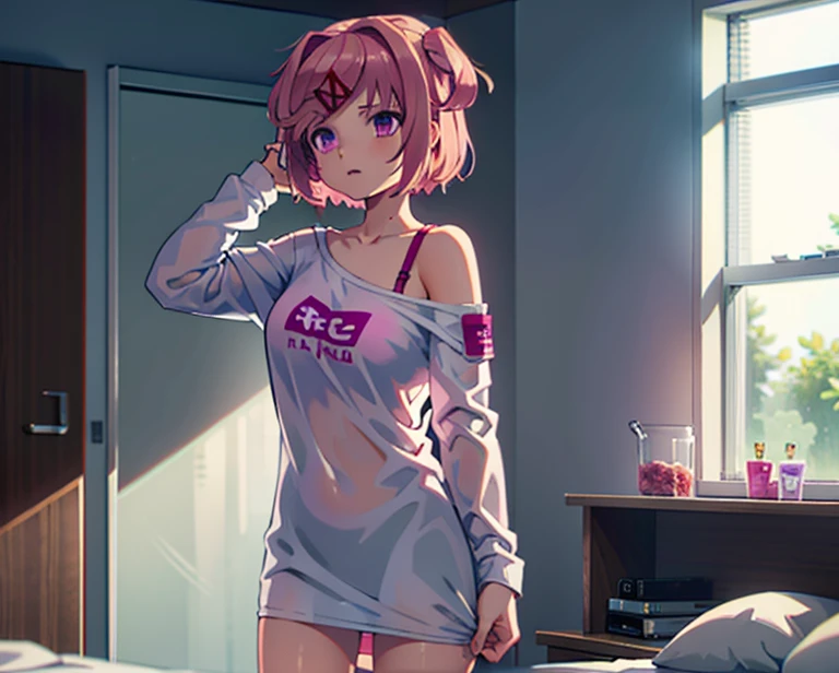 (ddlcnatsuki, fang, hair ornament, pink hair, (purple eyes:1.1), short hair, short sidetail, swept bangs, x hair ornament), standing in bedroom getting dressed, wearing an oversized shirt with only one sleeve, bra underneath shirt with one brastrap visible, one hand pulls up pants, one hand adjusts hair, soaking wet messy hair, sagging shirt, panty strap visible above pants