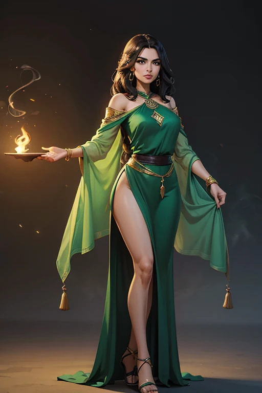 female, 5 foot 5 inches tall, slim body build, waist length wavy brunette to black hair, green eyes, 28 age, ethnicity india, ethnicity middle eastern, wizard clothing style, demure dress style, clothing not revealing, casting shadow magic, smoke effects.